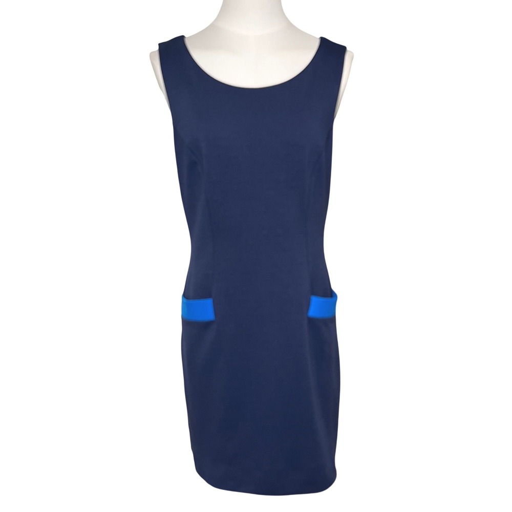 Lilly Pulitzer Navy Ponte Shift Dress Cobalt Blue Pocket Accent Exposed Zip M